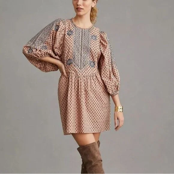 Anthropologie Embroidered Tunic Mini Dress Boho Peasant Ballon-Sleeve Size M - Picture 1 of 9